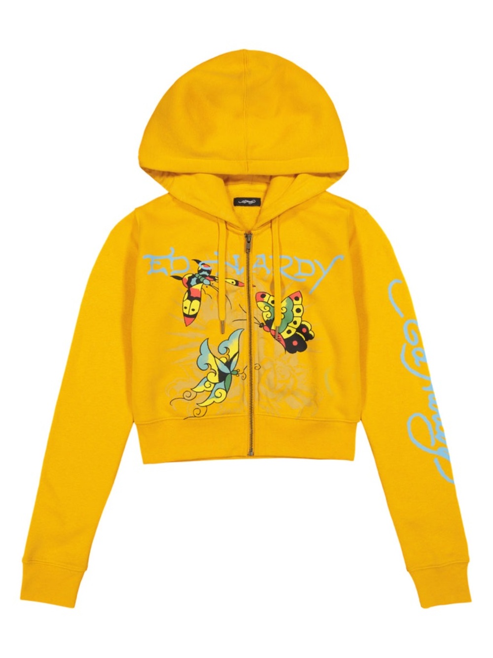 Ed Hardy Yellow Hooded Zip-Up Jacket with Butterfly Graphics